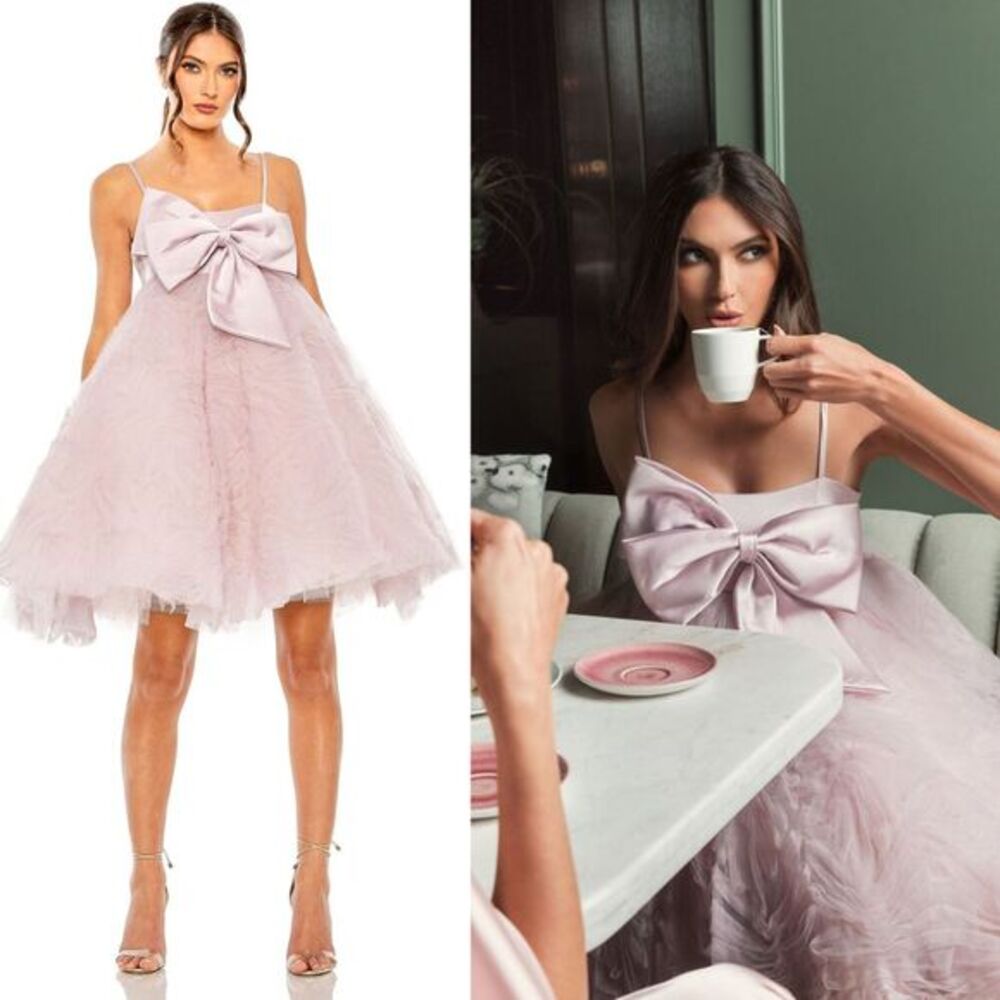 Mac Duggal NEW Rose Pink Satin Bow Front Tulle Baby Doll Mini Dress‎ -  Size 2